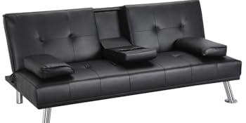 Product Introduction of Yaheetech Click Clack Sofa Bed Faux Leather 3 Seater Sofa Couch Living Room/Spare Room/Guest Room Bed Settee With Cup Holders Black 3