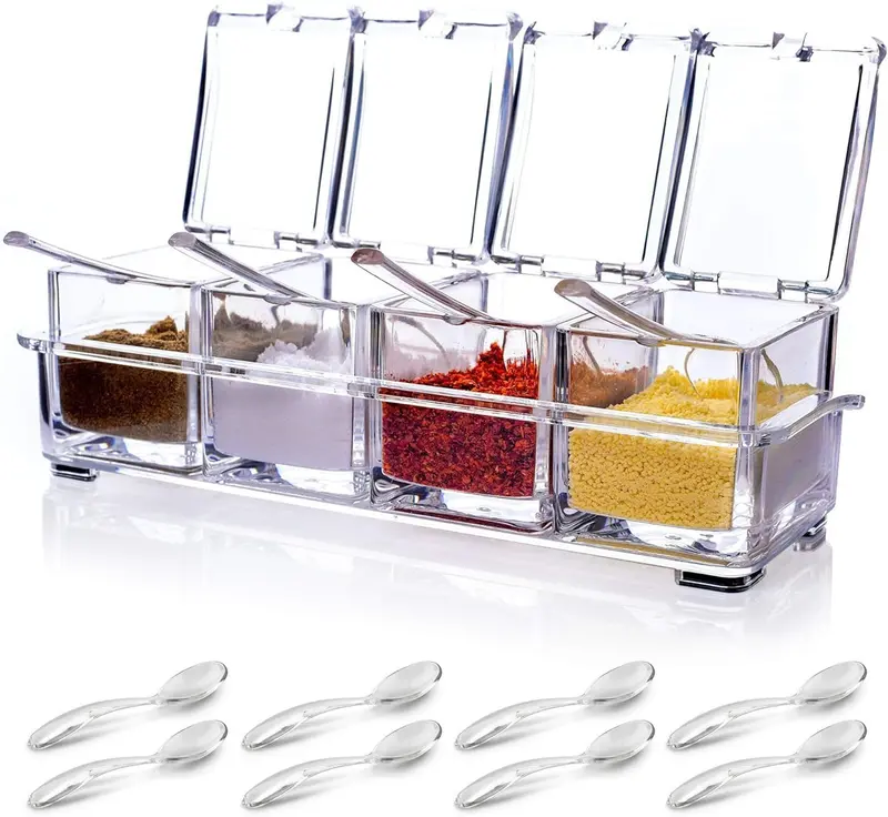 Spice Box - 4-Piece Spice Containers Storage Set - Seasoning Jars for Herbs, Spices & Seasonings - Acrylic Spice Storage with Cover and 8 Spoons for Salt, Pepper, Sugar, and Spices for Cooking Kitchen Transparent Utensils Tin Canister 0