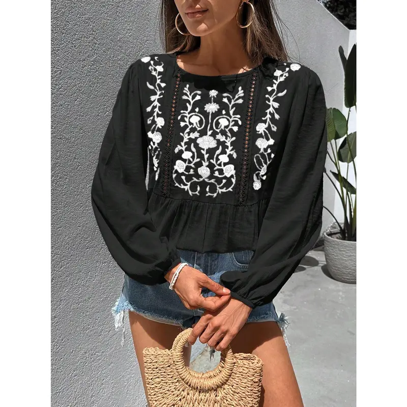​Women's TopsWomen's Flower Embroidery Long Sleeve Shirti Crinckle Fabric, Boho Style, Slice Lace Detailed【S12】 Top Womenswear Blouse Comfort Black Casual Crewneck Floral Bohemian Fitted cold  shoulder  tops shirts  women 7