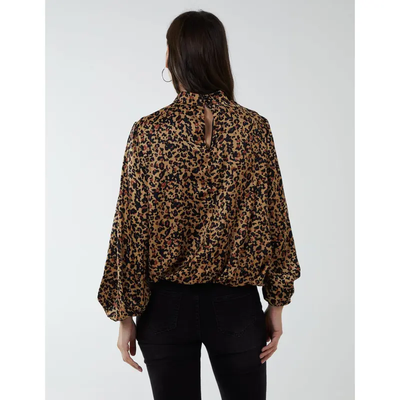 High Neck Leopard Print Satin Blouson Top 3