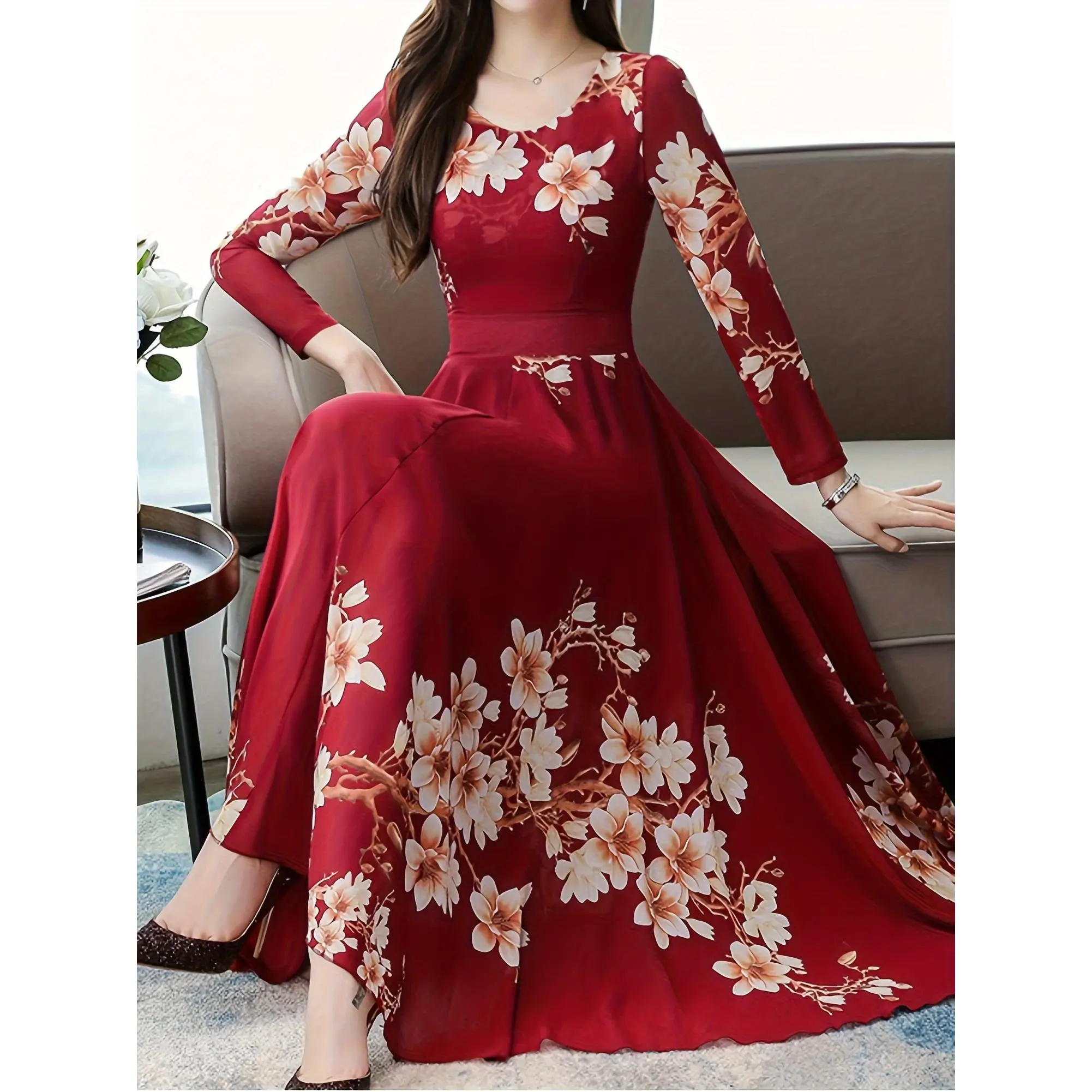 Long Sleeve Midi Polyester A-Line Dress - Elegant Floral Print Crew Neck for Women - Spring/Fall