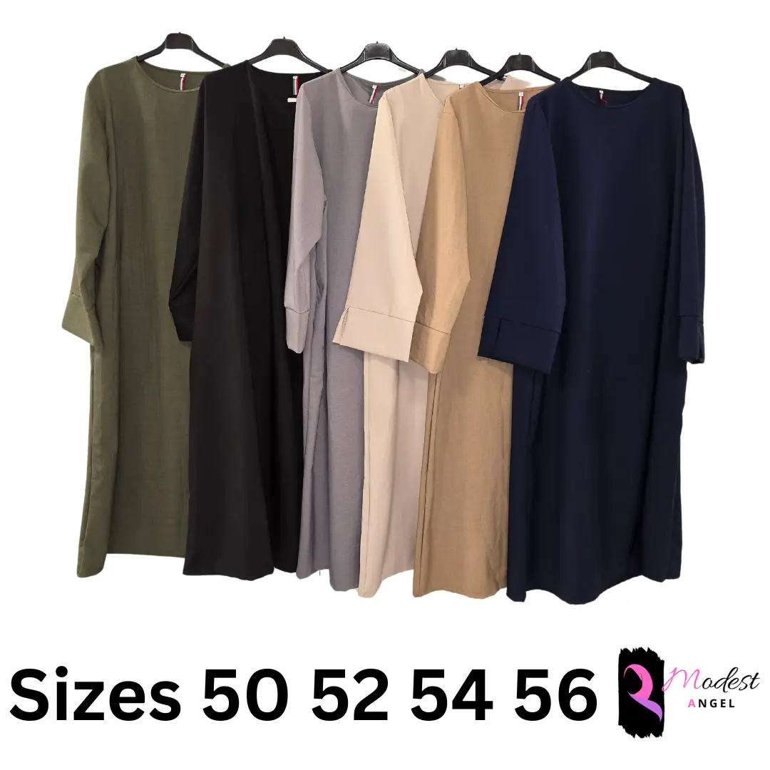 closed abaya with 1 pocket sizes 50 52 54 56 split sleeve wide arms maxi closed front 4 sizes 6 colours black olive green beige caramel grey navy blue abaya arabic loose  closed abaya muslim crew neck islamic clothing modest clothing Umrah hajj eid
