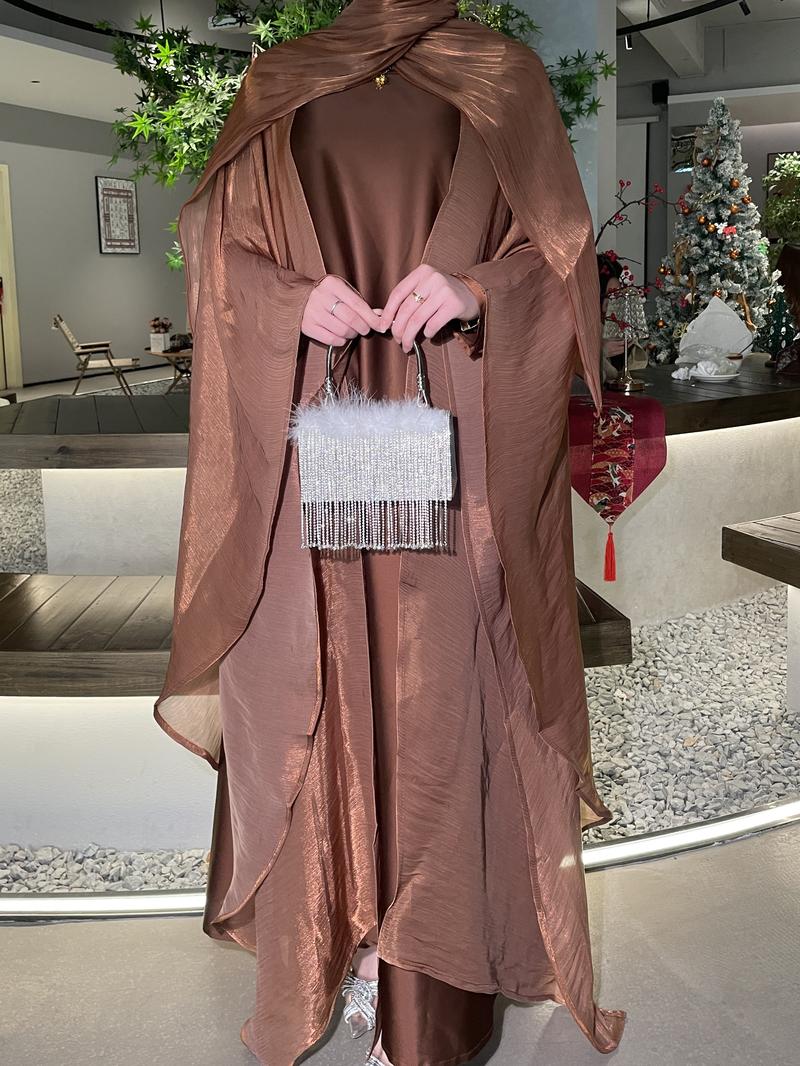 Product Introduction of #LY06  Ramadan Promotion Three-piece Elegant butterfly organza abaya set, shimmer abaya set with inner dress and hijab 7