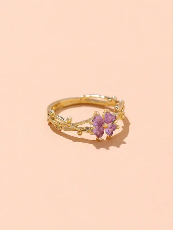 1pc Four-Leaf Clover Ring, Fashionable Minimalist Golden Copper Zirconia Clover Love Open Ring For Women, Suitable For Daily, Date, Party, Accessory 3