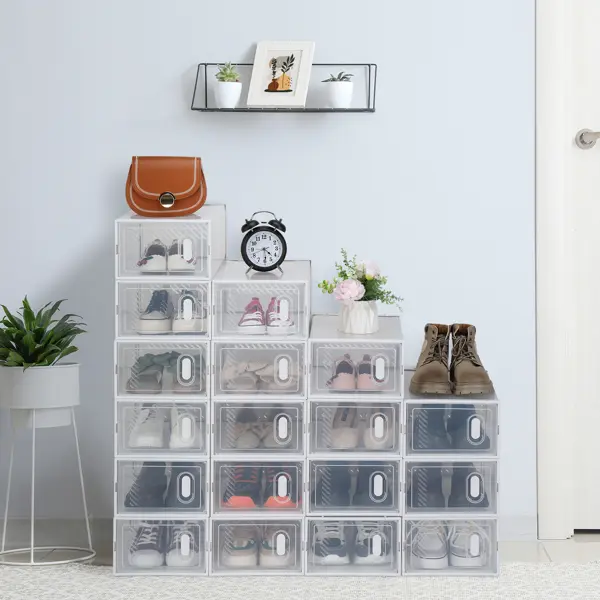 18 Boxes Set Clear Stackable Shoe Storage Box - Durable White Plastic Case Organizer for Men’s & Women’s Shoes (Size 5-10 / EU 37-44) | Easy to Installation, Assemble & Disassemble | Lightweight Transparent Design Rack Shelf Multicolor multifunctional 1