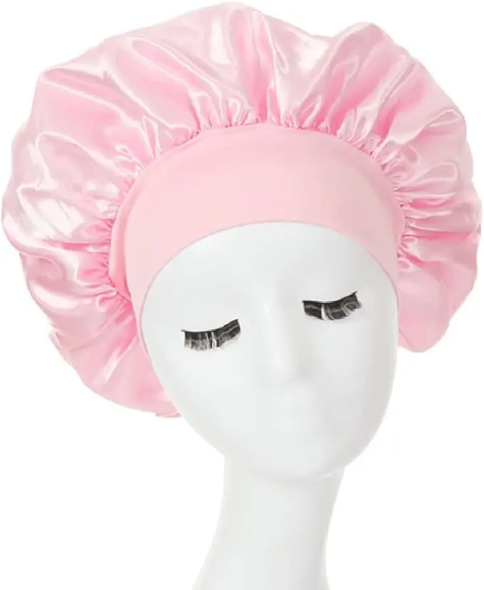 Hair Bonnet for Sleeping, Wide Elastic Band Satin Bonnet Silk Bonnet Shower Cap for Women Girls Makeup Hair Care Elastic Hat Soft Sleep Cap Satin Head Cover for Night Sleep Curly Hair Protection Pink