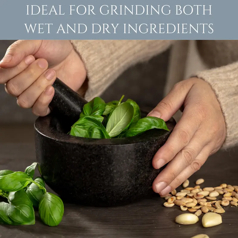 Homiu Granite Stone Pestle And Mortar Set - Large 16cm Diameter For Spice Herb Seed Crushing - Premium Kitchenware Utensils Bowl Grinding Reusable 2