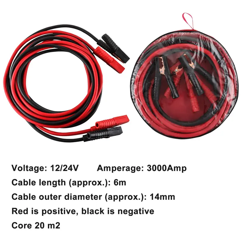 Heavy Duty Car Jump Leads 6 Meter 3000 Amp Booster Cables for Petrol & Diesel Vehicles with Safe Crocodile Clips and Storage Bag 4