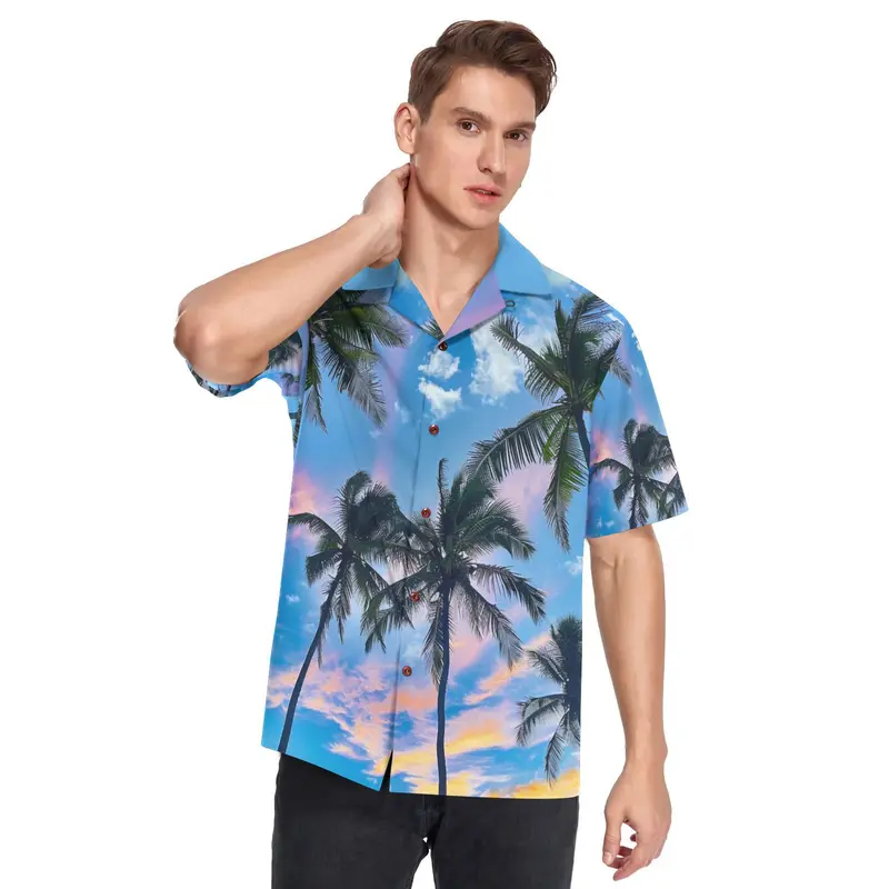 High Quality Palm Design Custom Shirt Printing Men Beach Wear Polyester Outdoor Hawaiian Shirts Summer Button up Shirt for Men 3