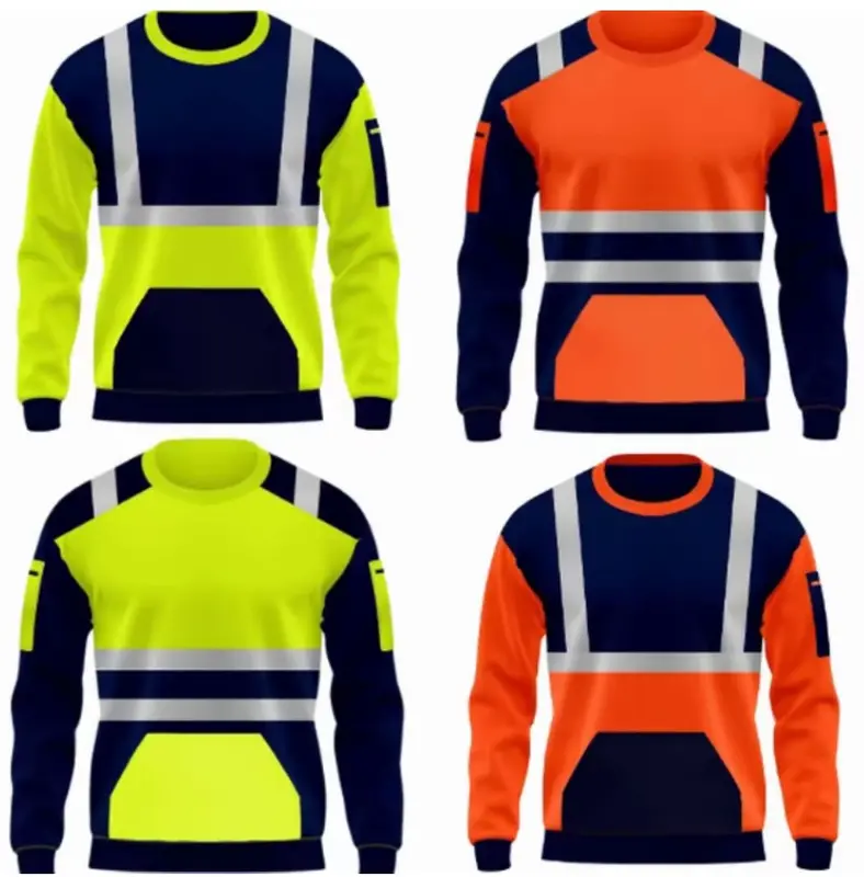 Hi Viz Hi Vis High Visability Visibility Sweatshirt Jumper Pullover Bright Menswear Men Storm Range Tradesmen Workwear PPE Stylish Side Pockets Utility Pouch Pockets Arm Pocket Round Neck Crewneck Visible Long Sleeve Crewneck 2