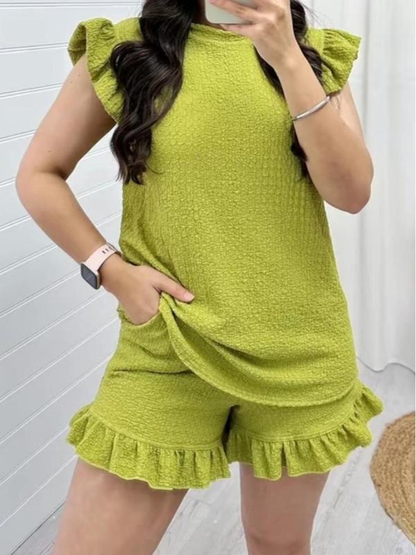 Women's Super Soft Pop Corn Materi Frill Sleeve Short 2PCS Co Ord Loungewear Sets 4