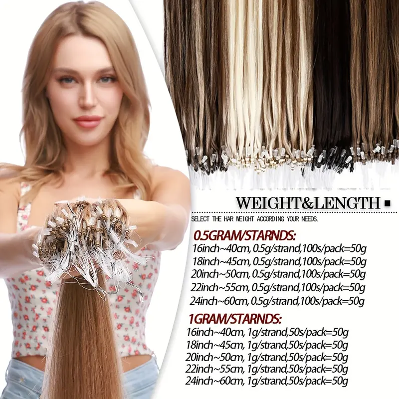 50 Strands Invisible Micro Nano Beads, 100% Human Hair Extensions - Thick Micro Ring Loop, 50g Pack, Versatile Lengths (40.64cm-60.96cm) for Fuller, Longer Hair 5