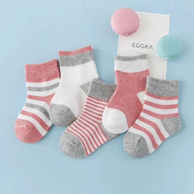 Adorable Baby Girls Cotton Socks - Soft Breathable Stripes Set of 5 or 10 Pairs - White, Pink & Grey - Newborn to 5 Years Old