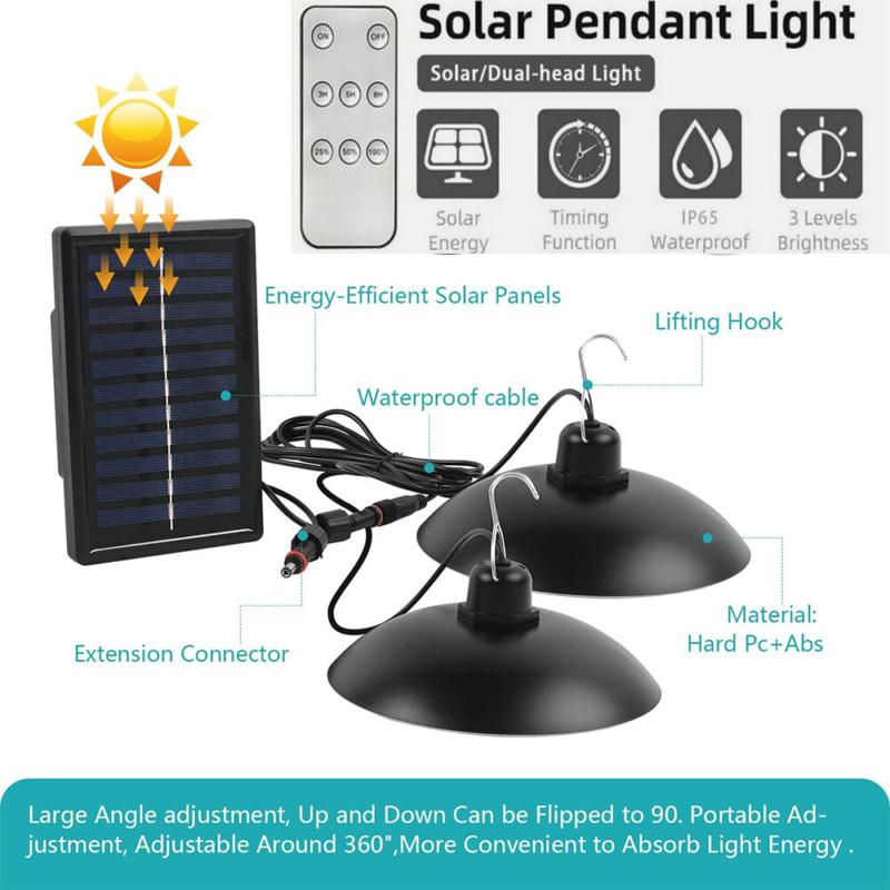 2 Heads LED Solar Powered Pendant Hanging Light Garden Yard Barn Shed Lighting 2