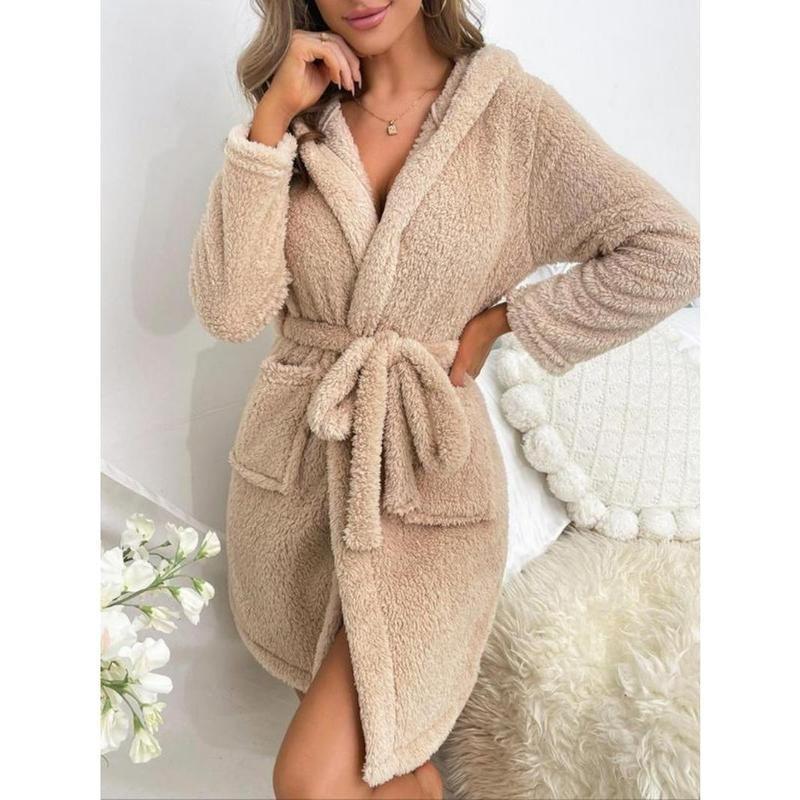 Women's Plain Pocket Hooded Robe, Casual Belted Long Sleeve Flannel Bathrobe For Home Spa, Women' Clothing For Fall Winter, Cold Weather Gear 6