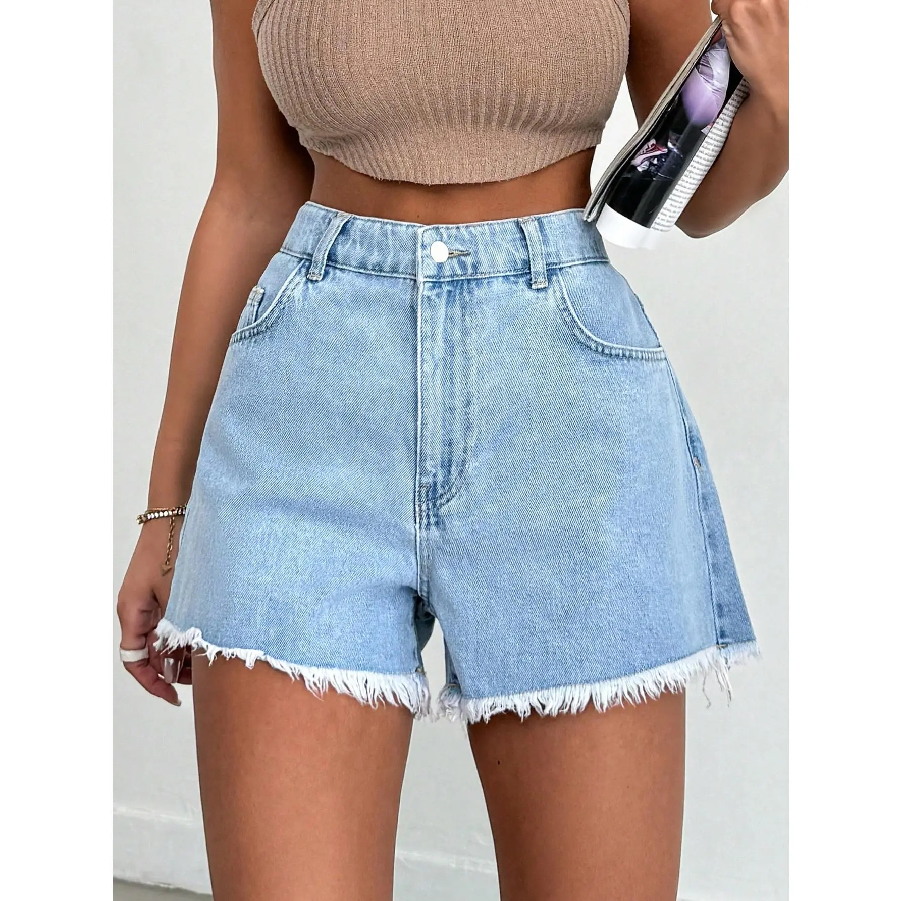 Cottnline Women's Light Blue Frayed Hem Denim Shorts With Stone Wash