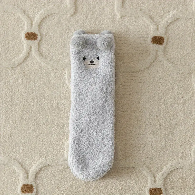 1/3/6 Pairs 3D Cute Bear Socks, Warm Coral Fleece Floor Slipper Socks For Fall & Winer, Women's Stockings & Hosiery 8