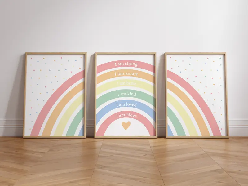 Set of 3 Girls Rainbow Prints, Affirmation Girls Prints, Rainbow Nursery Wall Art, Bright Colours, I am Print, Personalised Name Print, Girls Bedroom Print Playroom, Girls Room Decor, Girls Room Makeover Gift Photo Poster Satin etsy  prints 5