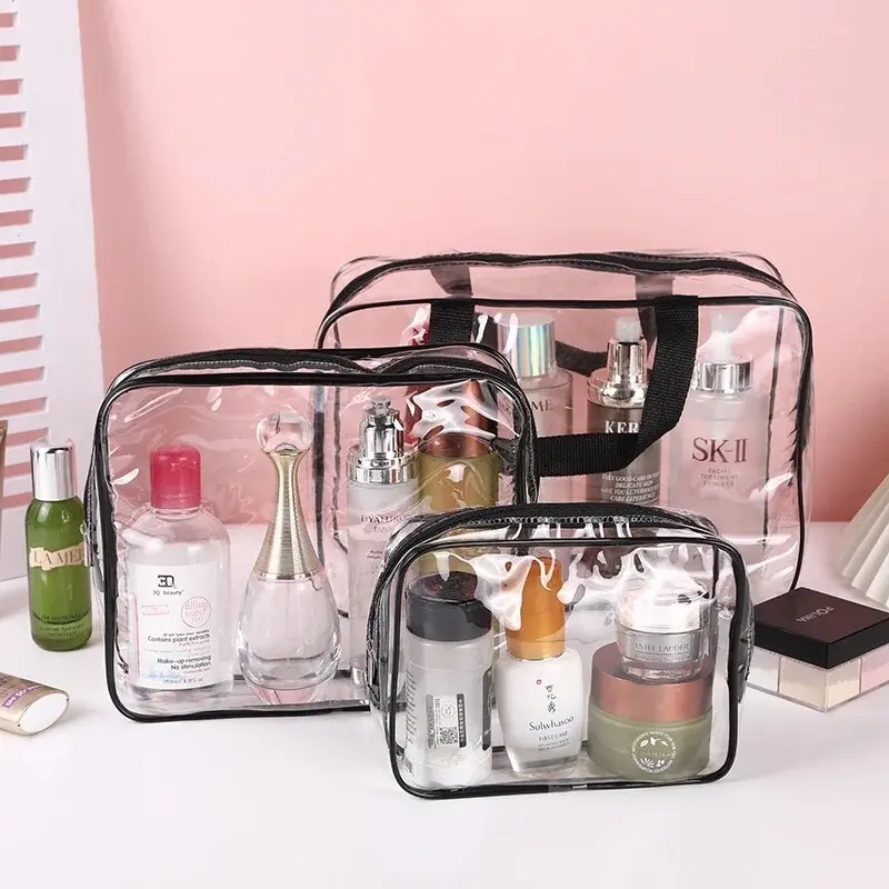 3 pieces Clear Travel Storage Bag With Handle, Portable Travel Washbag  Cosmetic Bag PVC Waterproof One Set 1
