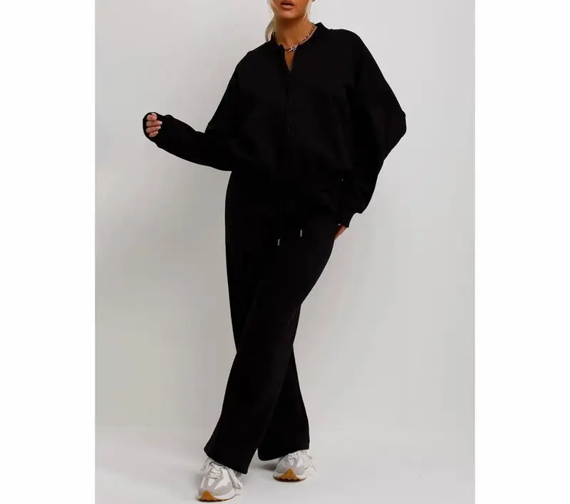 Bomber Sweatshirt With Zip And Joggers Loungewear Set Black Womenswear 1