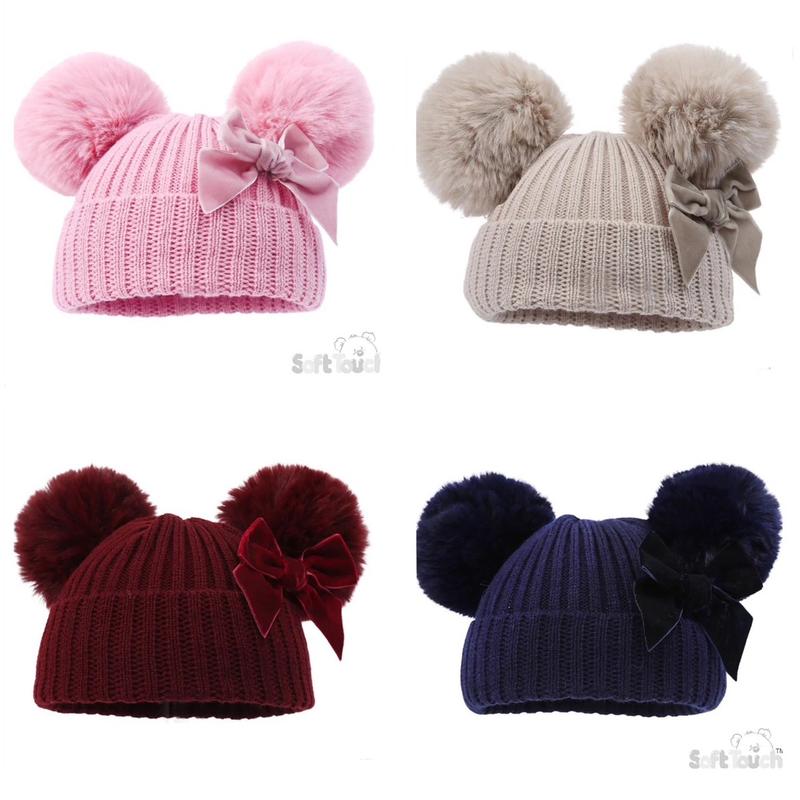 Baby Girls Velvet Bow Pom Pom Hats - Newborn To 12 Months 0