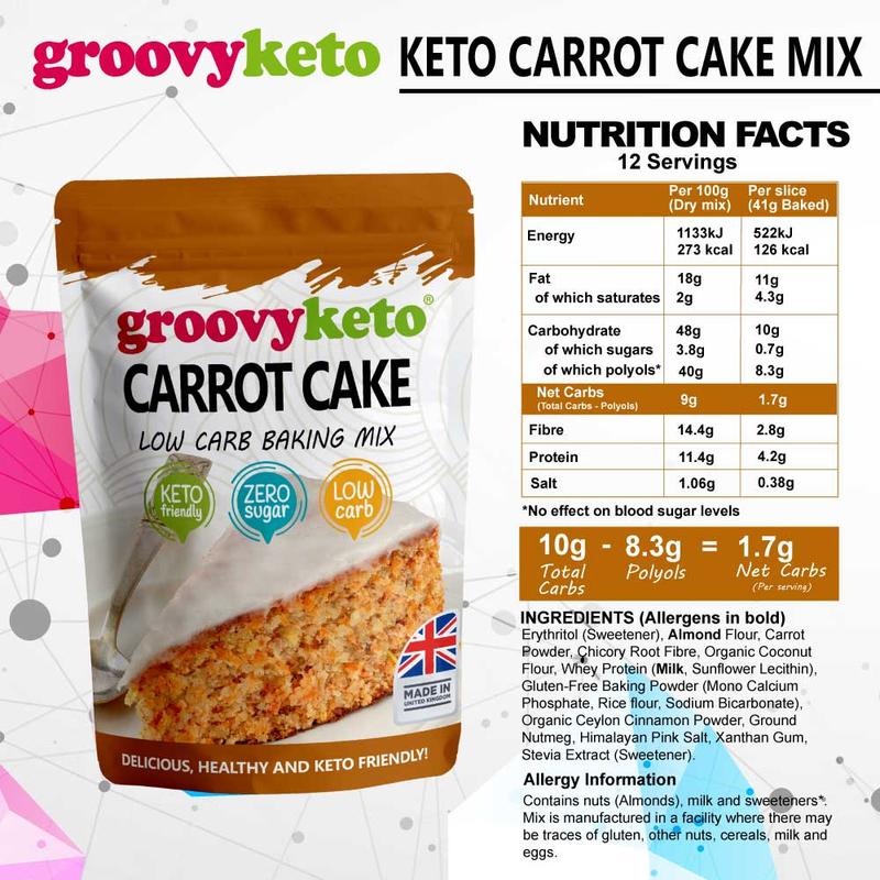 Groovy Keto Carrot Cake / Cupcake Mix | Low Carb | Keto Friendly | Sugar Free | Only 1.7g Net Carbs Per slice | Keto Baking Mix, Diabetic Friendly - 260g Pouch… Bake cakemix 2