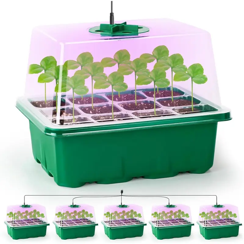 Seed Trays with Grow Light, 5 Pack Seed Trays with Lids, Propagators for Plants with Adjustable Lids and Clear Cell Tray, Propagator with 8 Full Spectrum Led Lamp Beads, For Indoor Plants, Green 0