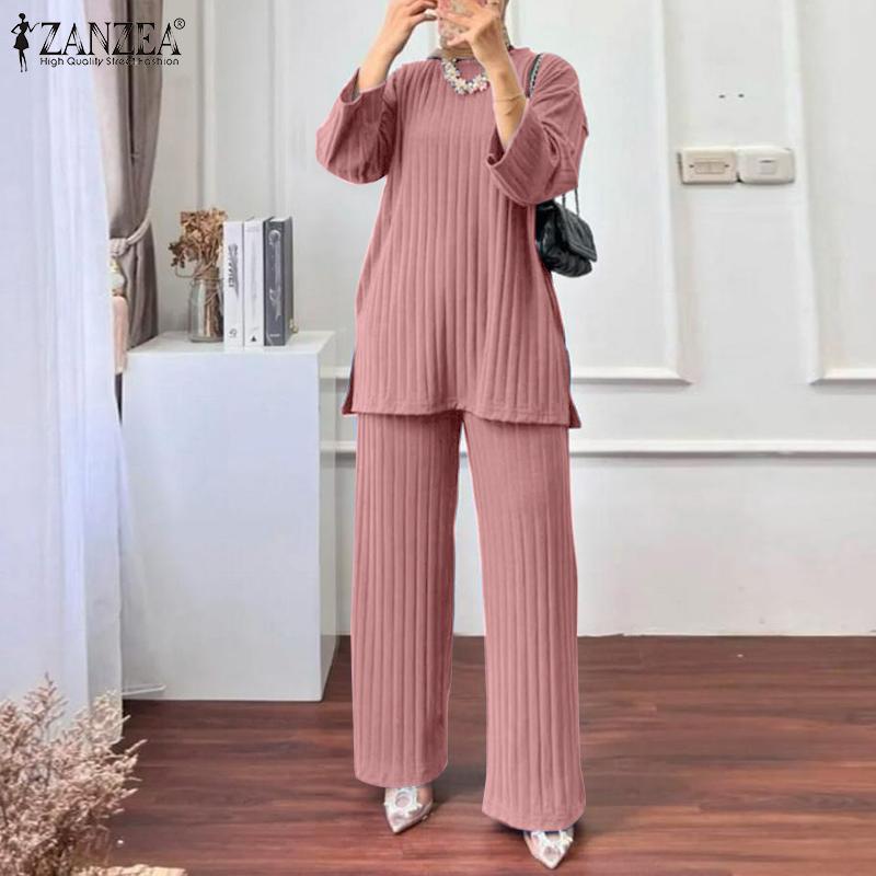 Product Introduction of Long Sleeve Blouse Wide Leg Pants Sets ZANZEA Women Matching Sets Solid Islamic Clothing Muslim Tracksuit Outifits 2PCS 9