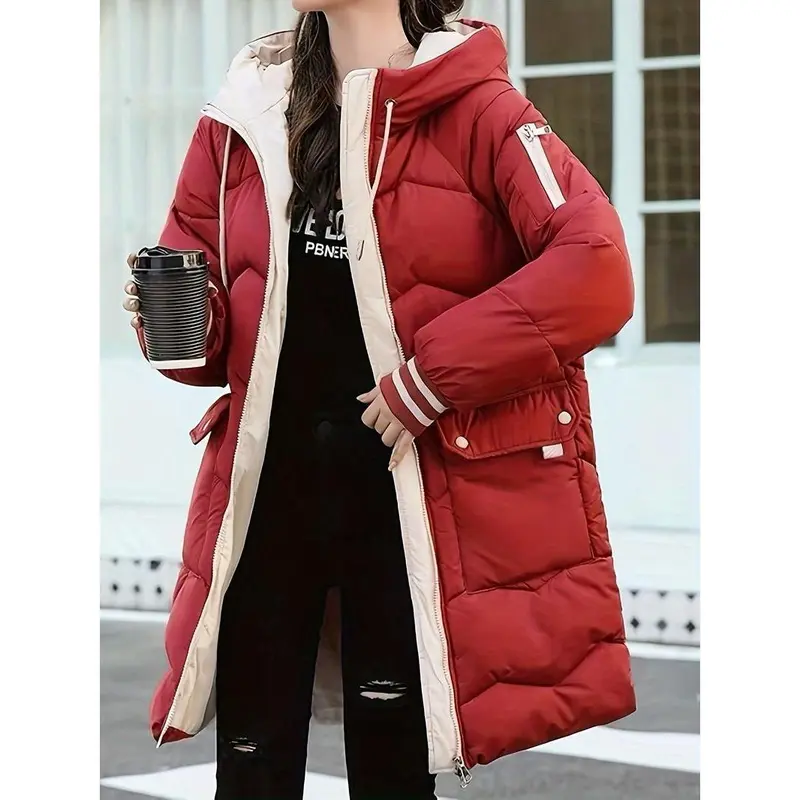 Cozy Thermal Puffy Coat - Cotton-padded Jacket with Drawstring Hoodie, Long Sleeve, Flap Pockets, and Zip-up Design for Fall and Winter - Women's Casual Outerwear for Chilly Days 6
