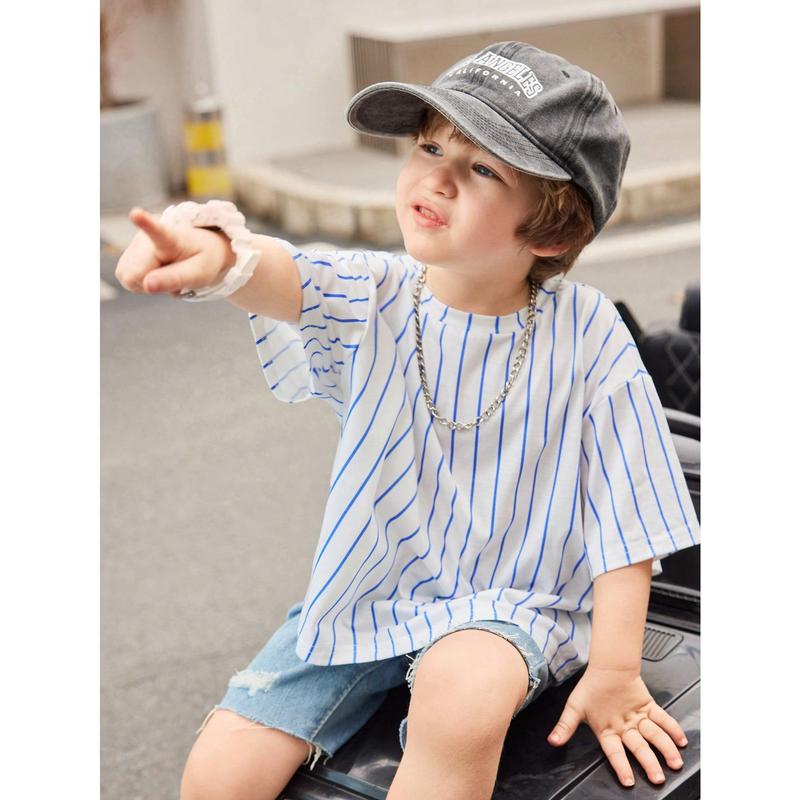 Young Boy 1pc Casual & Cute Vacation Cartoon Animal Group Print Ultra-Oversized Round Neck Drop Shoulder Short Sleeve White & Blue Striped T-Shirt, Suitable For Sports & Spring/Summer Seasons 4