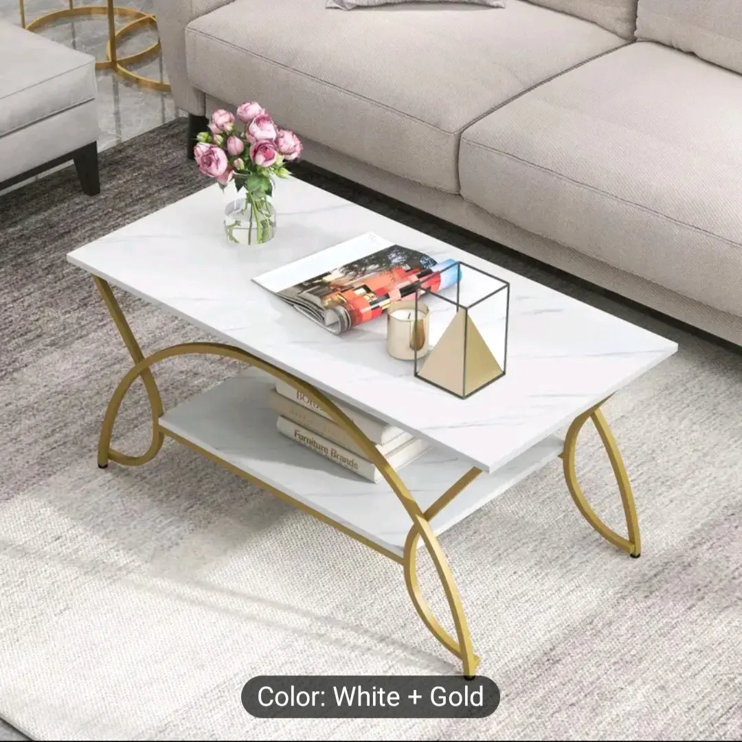 Modern Faux Marble Coffee Table, 2-Tier Rectangular Accent Table with Gold Finished Metal Frame, Chic Cocktail Table with Storage Shelf, Snack End Table for Living Room & Lounge