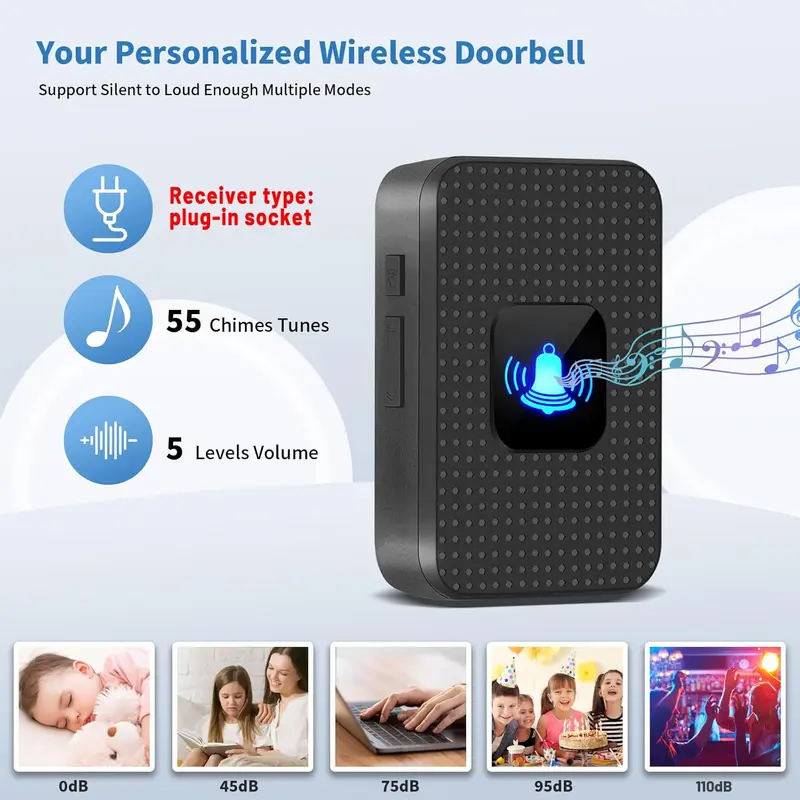 Wireless Doorbell, IP55 Waterproof Cordless Door Bells Chime Kit-1000 Ft Range 55 Chimes 5 Volume, Battery Operated Push Button & 2 Plug-in Receivers with LED Flash Easy Install Black (N628) 2