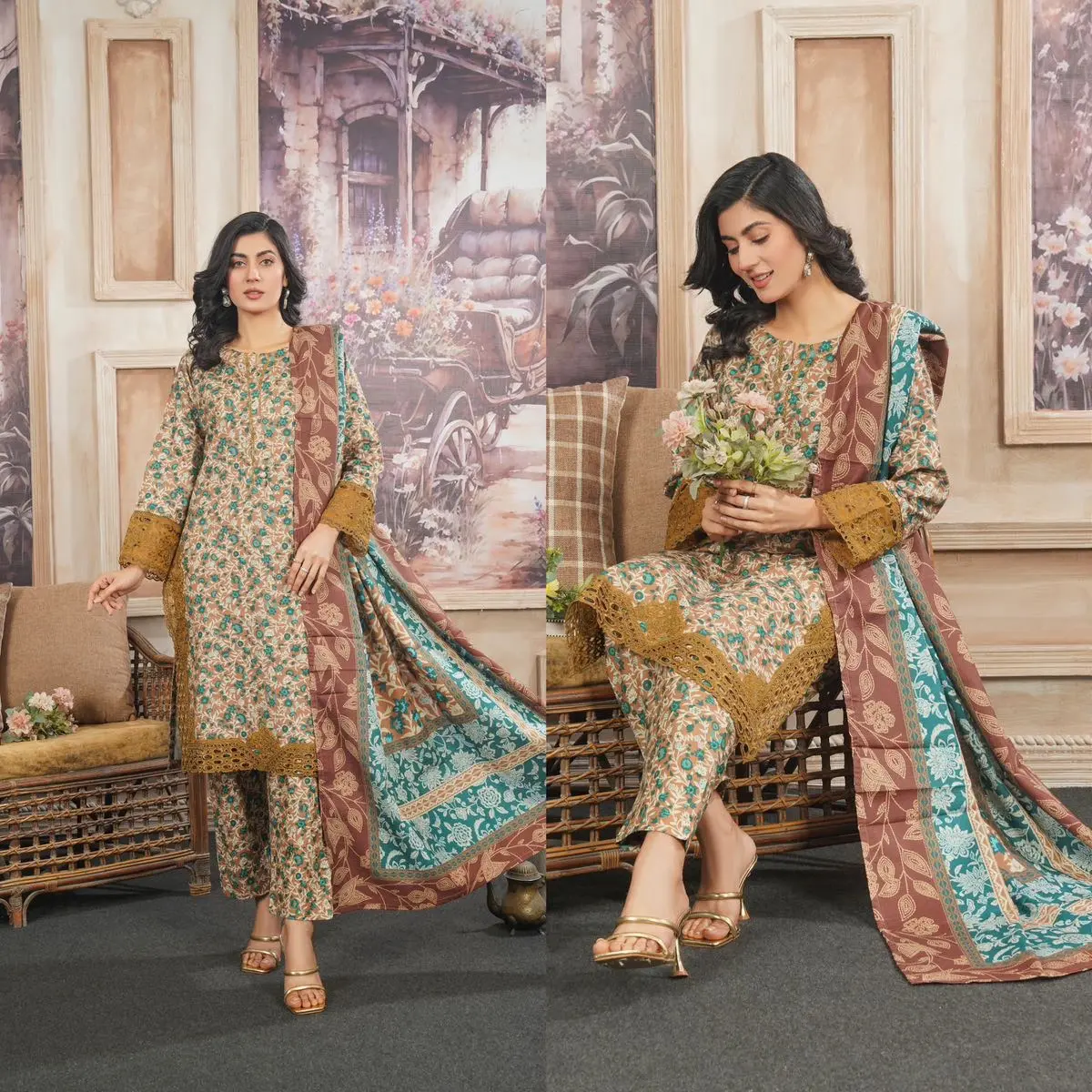 Women's 0192 Khaddar Material Winter 3 Piece Suit with Digital print and embroidery patches  for Comfort Floral Print .