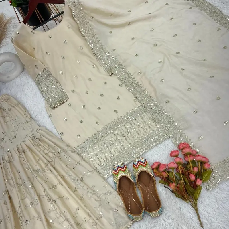 Pre order Off white sharara suit. Indian designer punjabi suit. Beautiful Wear Salwar Suit With Dupatta Readymade Stylish Sharara Set, Diwali Gift for Her 7