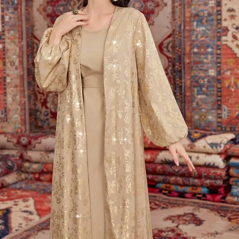 Elegant Golden Embroidered Open Abaya with Matching Inner Dress 2