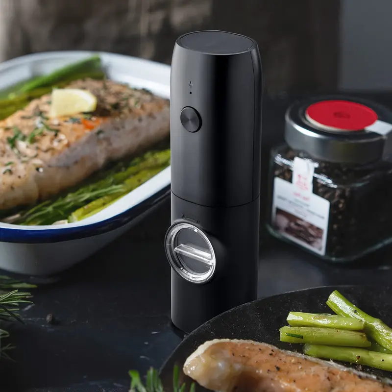 Rechargeable Electric Pepper and Salt Grinder Set, Automatic Pepper Grinder, with Charging Base, USB Cable, LED Light, Adjustable Coarseness, Single-Handed Automatic Operation, Black 2pcs 6