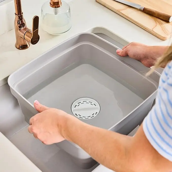 Washing Up Bowl with Sink Plug Strainer, Sink Strainer, Square Washing Up Bowl, Basin, Sink Strainer Plug Trap, Grey, 11L, UK Made