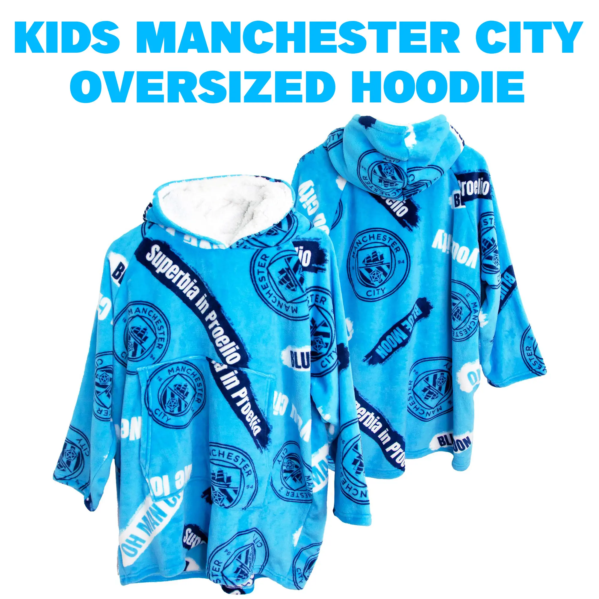Manchester City Oversized Hoodie for Kids | All-Over Crest Pattern Design | Premium Sherpa Lined - Character World