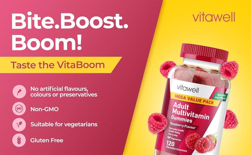 Product Introduction of Adult Multivitamin Gummies - 120 Raspberry Flavour Gummies (2 Month Supply) | Complex Vitamin D Formula | Chewable Multivitamins for Men & Women | Immune Support | 10 Essential Adult Vitamin 0