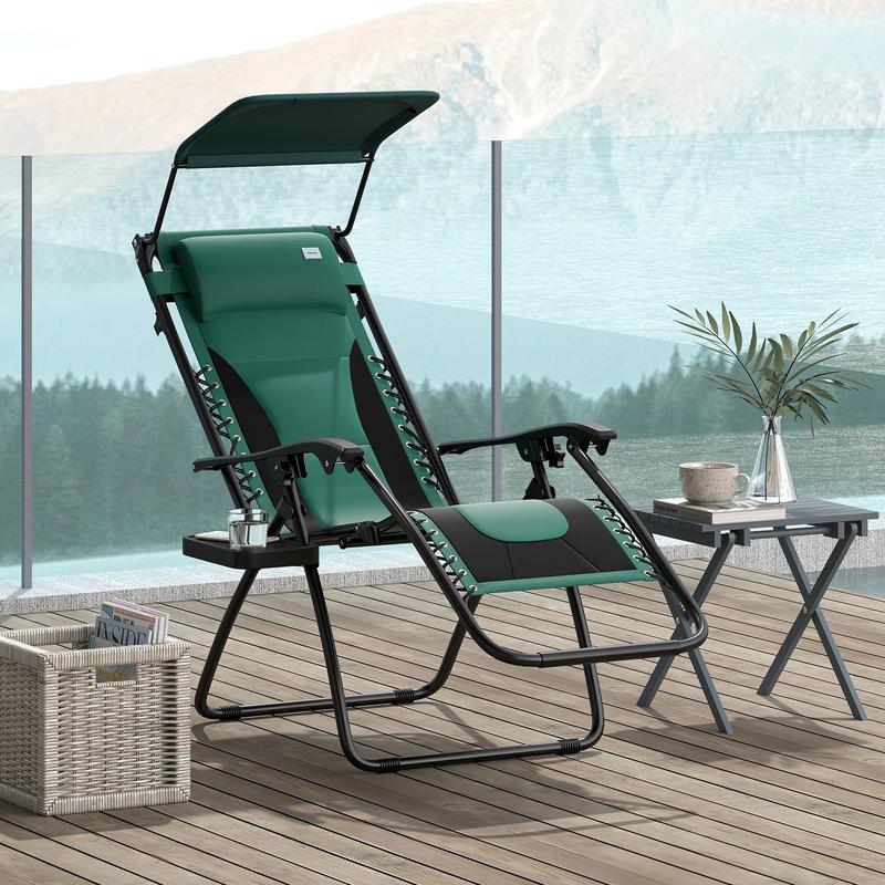 Outsunny Zero Gravity Lounger Chair, Folding Reclining Patio Chair with Shade Cover, Padded Seat, Cup Holder, Soft Cushion and Headrest for Poolside, Camping, Green 1