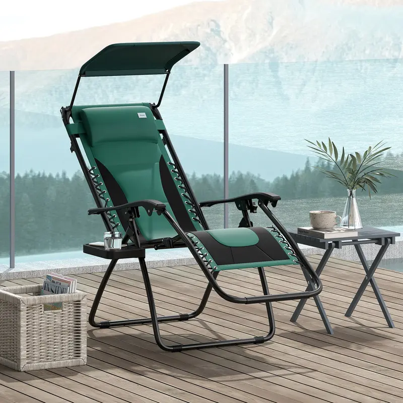 Outsunny Zero Gravity Lounger Chair, Folding Reclining Patio Chair with Shade Cover, Padded Seat, Cup Holder, Soft Cushion and Headrest for Poolside, Camping, Green 1