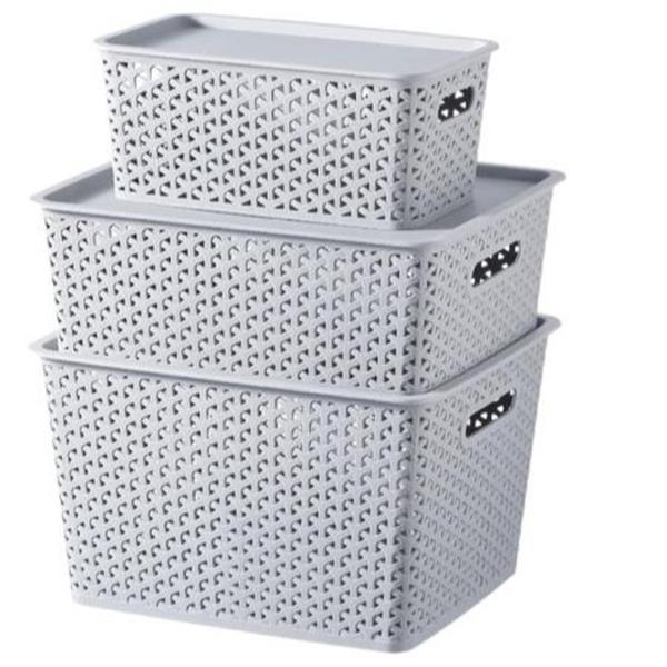 Multipurpose Storage Baskets with Lids | 3 Baskets set Premium Elite Plastic laundry basket with lid Stackable Baskets Organiser Basket | Home Kitchen Wardrobe Toys Stationary | Daiso Grey Pack Decor Room 1