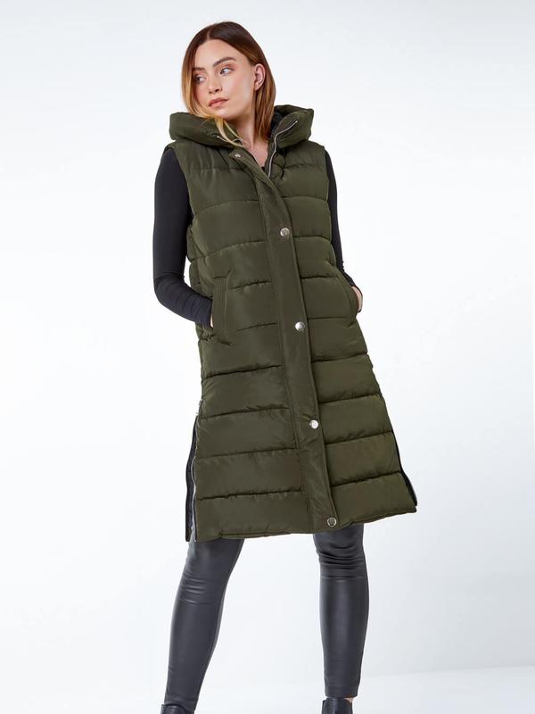 Xara. Black Khaki Chocolate Brown Baby Pink Sky Blue Cream Beige Purple Gold Apricot Winter Warmer Puffer Gilet Long Jacket Hooded Sleevless Jacket Coat Body Warmer 3