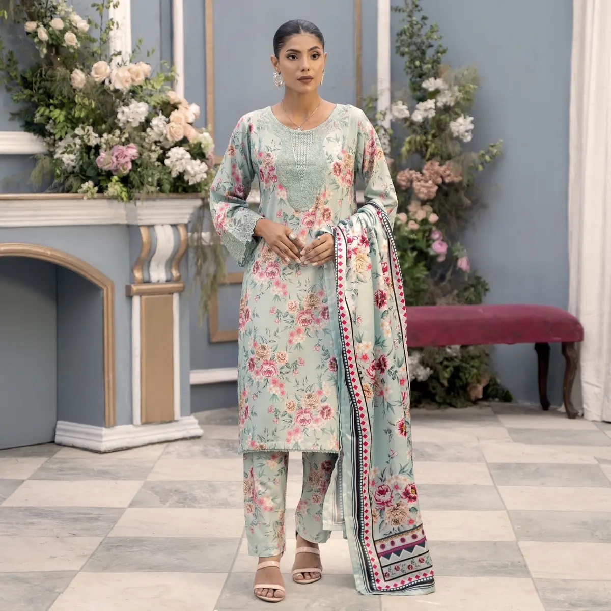 3 Pc Ready To Wear Dhanak Suit -Embroidered And Printed - With Wool Shawl  | Raniya.H |