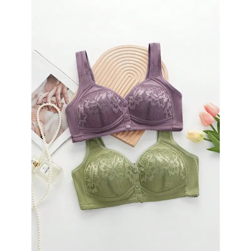 3pcs Set Front Button Closure Wireless Bra, Comfortable & Breathable Ladies Lingerie Lace Womenswear Comfy Basic Minimalist 1