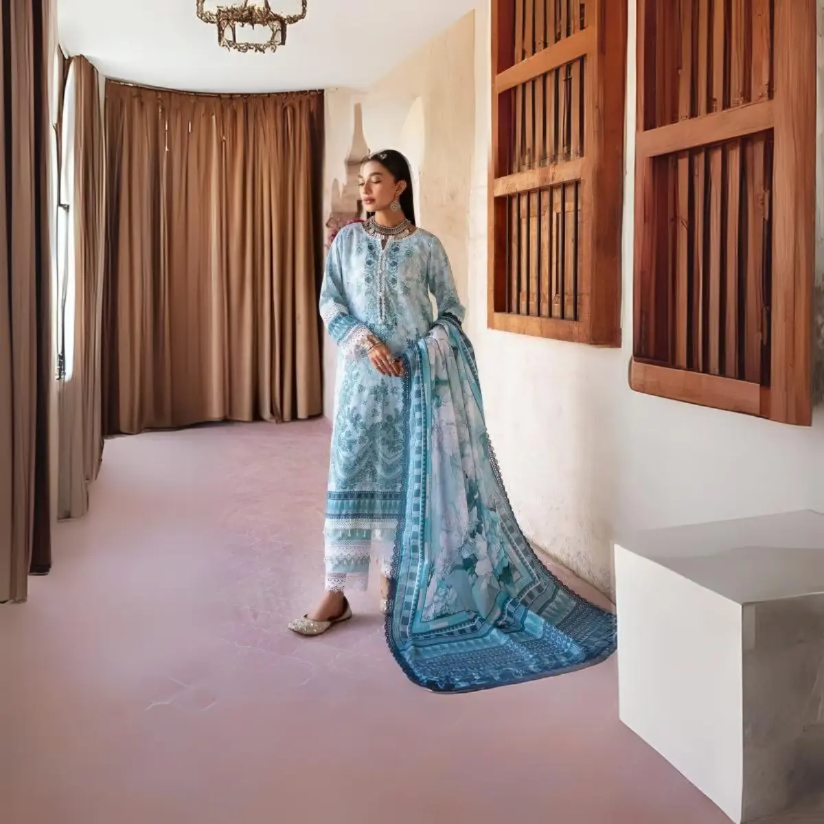 Mau Summery | MS-06 | - 3 Piece Ready To Wear Lawn Printed Shirt With Dyed Cotton Trouser | Aquamarine Color | Comfort Dress