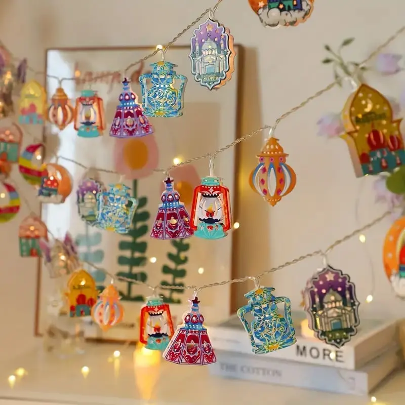 Elegant 1.65m Colorful Metal Ramadan String Lights with 10 LED Lantern, Muslim festivals, home atmosphere and Islamic celebrations, commercial decoration