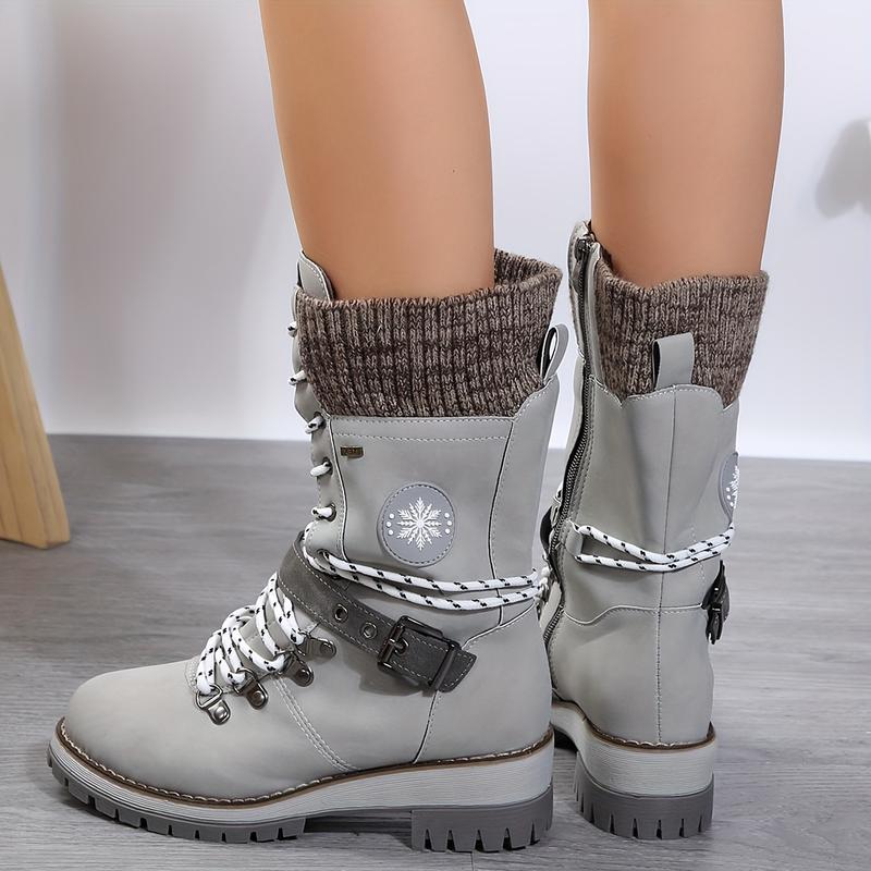Product Introduction of Stylish Knitted Mid-Calf Boots - Trendy Solid Color Winter Boots with Side Zipper, Buckle Belt, and Non-Slip Sole for Women - Perfect for Cold Weather and Casual Occasions 6