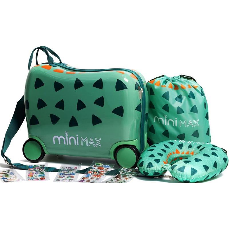 Aerolite MiniMax Childrens Ride-On Suitcase Fits 45x36x20cm Easyjet Maximum Size Kids Hand Luggage With Wheels 29L, Free Neck Pillow, Travel Bag & Stickers (Green) 1