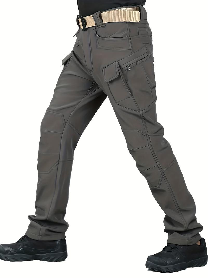 Product Introduction of Men's Solid Color Thermal Cargo Pants, Slightly Stretch Multiple Pockets Design Pants For Winter Outdoor Activities Menswear Trouser Plain Beige 20